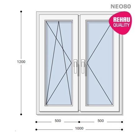 100x120 Műanyag ablak, Kétszárnyú, Bukó/Nyíló+Nyíló, Neo80 Rehau