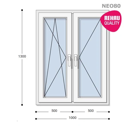 100x130 Műanyag ablak, Kétszárnyú, Bukó/Nyíló+Nyíló, Neo80 Rehau