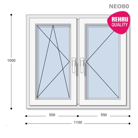 110x100 Műanyag ablak, Kétszárnyú, Bukó/Nyíló+Nyíló, Neo80 Rehau