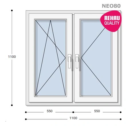 110x110 Műanyag ablak, Kétszárnyú, Bukó/Nyíló+Nyíló, Neo80 Rehau