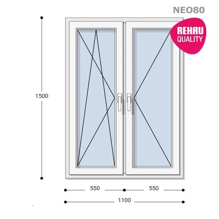 110x150 Műanyag ablak, Kétszárnyú, Bukó/Nyíló+Nyíló, Neo80 Rehau