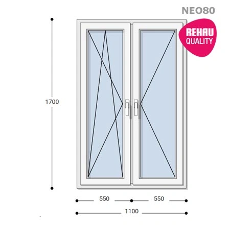 110x170 Műanyag ablak, Kétszárnyú, Bukó/Nyíló+Nyíló, Neo80 Rehau