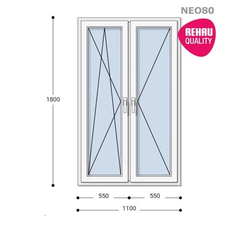 110x180 Műanyag ablak, Kétszárnyú, Bukó/Nyíló+Nyíló, Neo80 Rehau