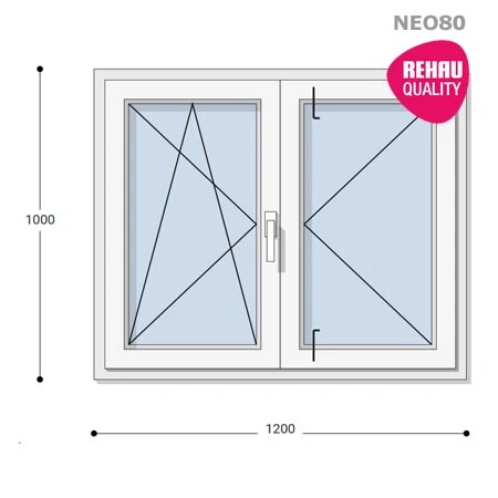 120x100 Műanyag ablak, Középen Felnyíló, Bukó/Nyíló+Nyíló, Neo80 Rehau