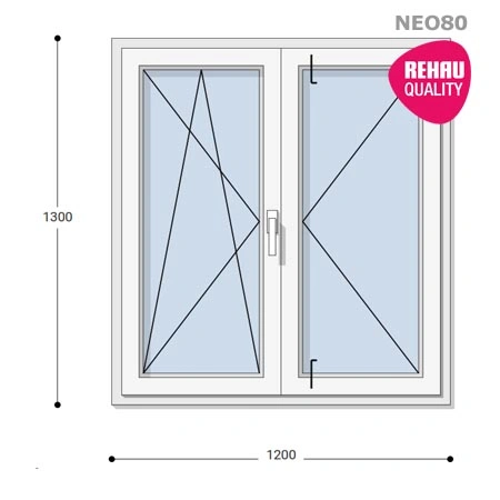 120x130 Műanyag ablak, Középen Felnyíló, Bukó/Nyíló+Nyíló, Neo80 Rehau