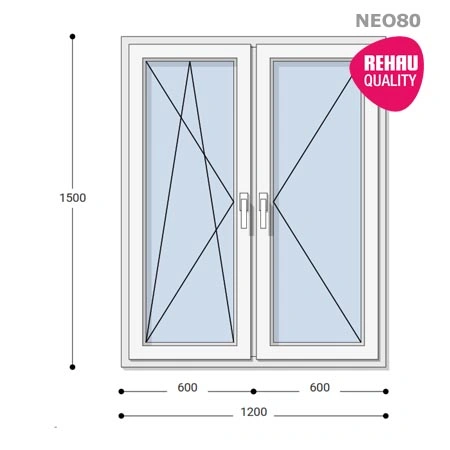 120x150 Műanyag ablak, Kétszárnyú, Bukó/Nyíló+Nyíló, Neo80 Rehau