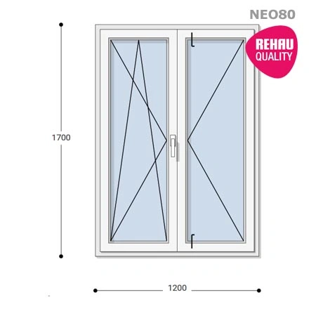 120x170 Műanyag ablak, Középen Felnyíló, Bukó/Nyíló+Nyíló, Neo80 Rehau