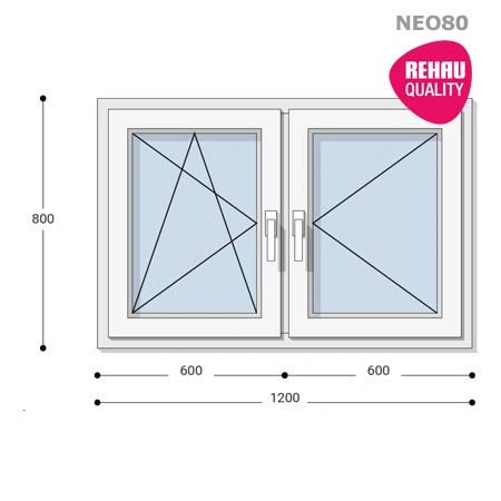120x80 Műanyag ablak, Kétszárnyú, Bukó/Nyíló+Nyíló, Neo80 Rehau