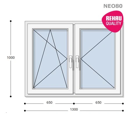 130x100 Műanyag ablak, Kétszárnyú, Bukó/Nyíló+Nyíló, Neo80 Rehau