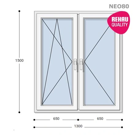 130x150 Műanyag ablak, Kétszárnyú, Bukó/Nyíló+Nyíló, Neo80 Rehau