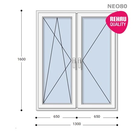 130x160 Műanyag ablak, Kétszárnyú, Bukó/Nyíló+Nyíló, Neo80 Rehau