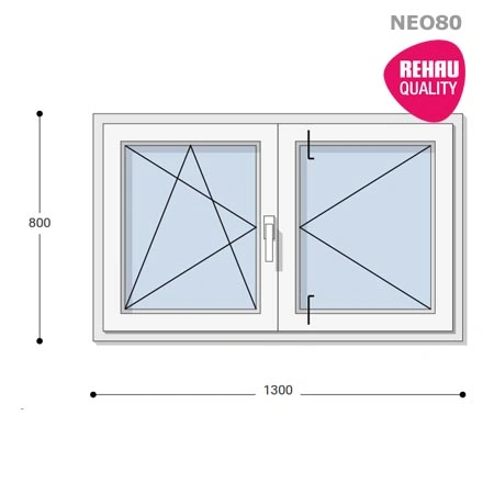 130x80 Műanyag ablak, Középen Felnyíló, Bukó/Nyíló+Nyíló, Neo80 Rehau