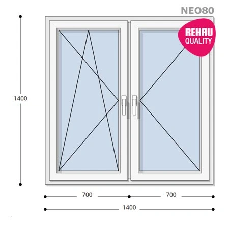 140x140 Műanyag ablak, Kétszárnyú, Bukó/Nyíló+Nyíló, Neo80 Rehau