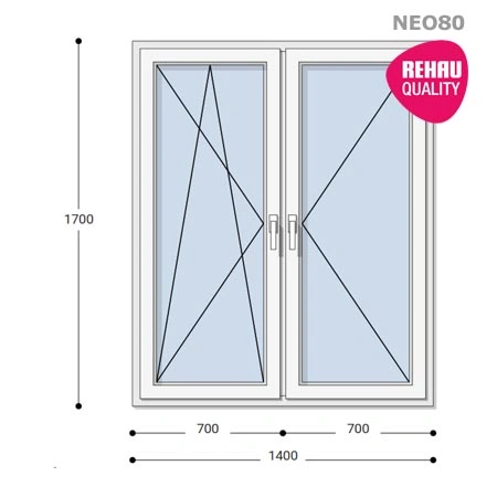 140x170 Műanyag ablak, Kétszárnyú, Bukó/Nyíló+Nyíló, Neo80 Rehau