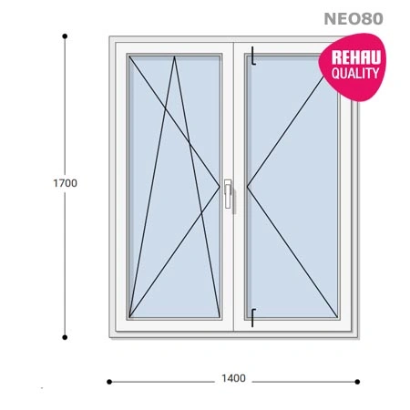 140x170 Műanyag ablak, Középen Felnyíló, Bukó/Nyíló+Nyíló, Neo80 Rehau