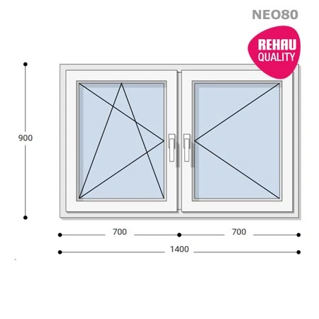 140x90 Műanyag ablak, Kétszárnyú, Bukó/Nyíló+Nyíló, Neo80 Rehau