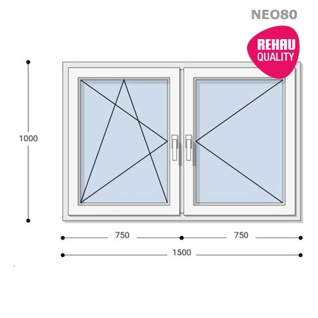150x100 Műanyag ablak, Kétszárnyú, Bukó/Nyíló+Nyíló, Neo80 Rehau