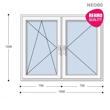 150x120 Műanyag ablak, Kétszárnyú, Bukó/Nyíló+Nyíló, Neo80 Rehau