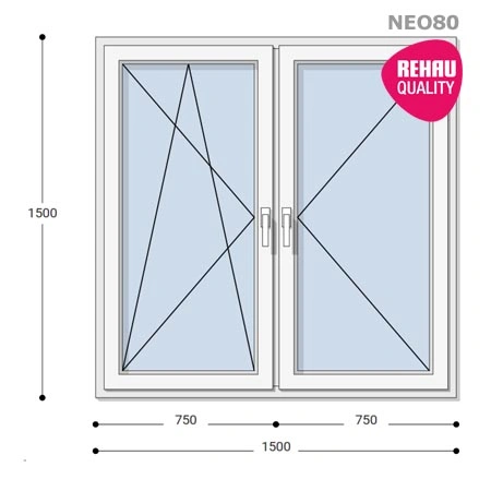 150x150 Műanyag ablak, Kétszárnyú, Bukó/Nyíló+Nyíló, Neo80 Rehau