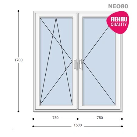 150x170 Műanyag ablak, Kétszárnyú, Bukó/Nyíló+Nyíló, Neo80 Rehau