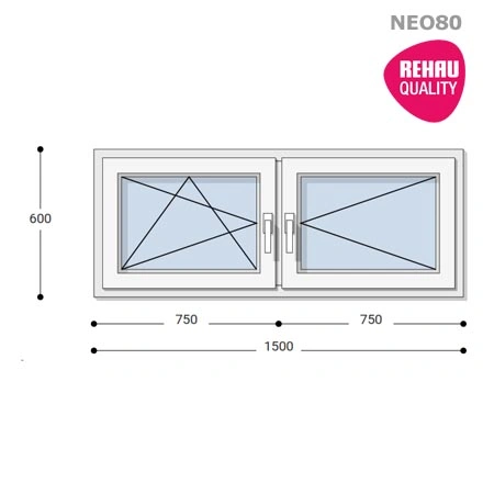 150x60 Műanyag ablak, Kétszárnyú, Bukó/Nyíló+Nyíló, Neo80 Rehau