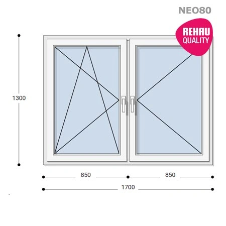 170x130 Műanyag ablak, Kétszárnyú, Bukó/Nyíló+Nyíló, Neo80 Rehau