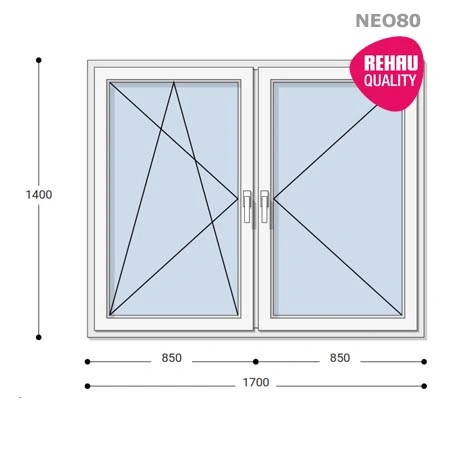 170x140 Műanyag ablak, Kétszárnyú, Bukó/Nyíló+Nyíló, Neo80 Rehau