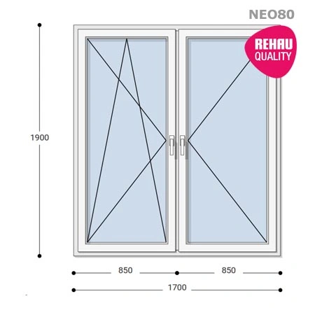 170x190 Műanyag ablak, Kétszárnyú, Bukó/Nyíló+Nyíló, Neo80 Rehau