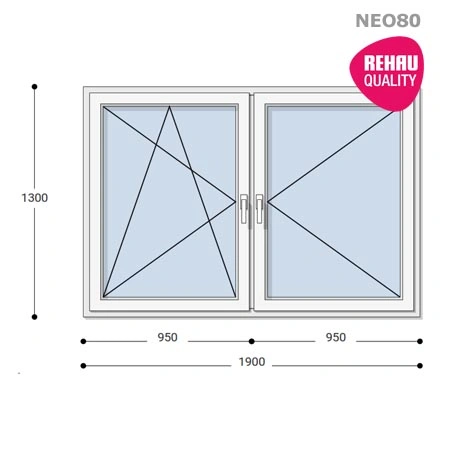 190x130 Műanyag ablak, Kétszárnyú, Bukó/Nyíló+Nyíló, Neo80 Rehau