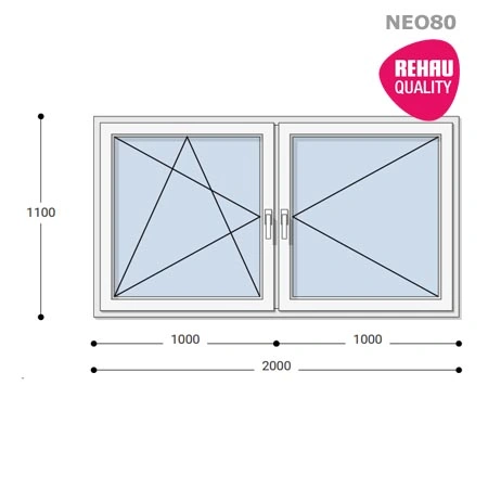 200x110 Műanyag ablak, Kétszárnyú, Bukó/Nyíló+Nyíló, Neo80 Rehau