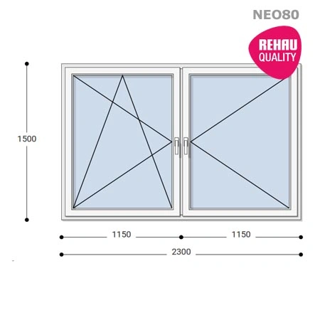 230x150 Műanyag ablak, Kétszárnyú, Bukó/Nyíló+Nyíló, Neo80 Rehau