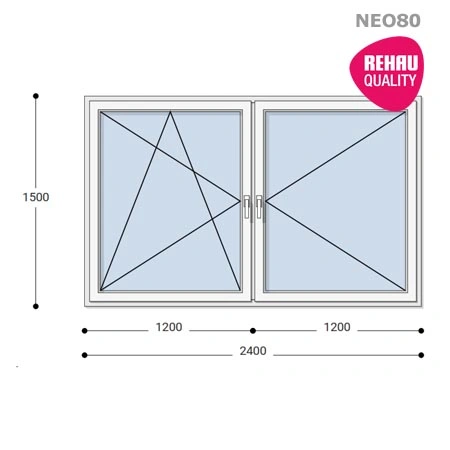 240x150 Műanyag ablak, Kétszárnyú, Bukó/Nyíló+Nyíló, Neo80 Rehau