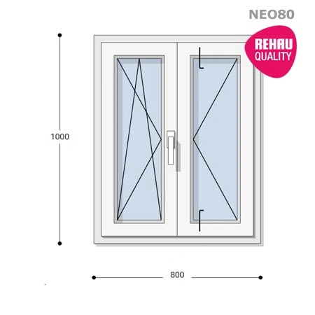 80x100 Műanyag ablak, Középen Felnyíló, Bukó/Nyíló+Nyíló, Neo80 Rehau