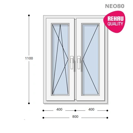 80x110 Műanyag ablak, Kétszárnyú, Bukó/Nyíló+Nyíló, Neo80 Rehau