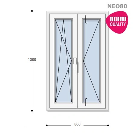 80x130 Műanyag ablak, Középen Felnyíló, Bukó/Nyíló+Nyíló, Neo80 Rehau