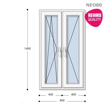 80x140 Műanyag ablak, Kétszárnyú, Bukó/Nyíló+Nyíló, Neo80 Rehau