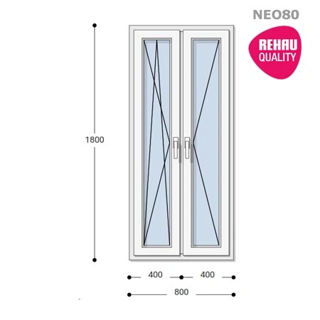 80x180 Műanyag ablak, Kétszárnyú, Bukó/Nyíló+Nyíló, Neo80 Rehau