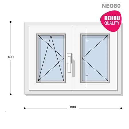80x60 Műanyag ablak, Középen Felnyíló, Bukó/Nyíló+Nyíló, Neo80 Rehau