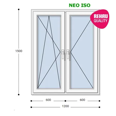 120x150 Műanyag ablak, Kétszárnyú, Bukó/Nyíló+Nyíló, Neo Iso Rehau