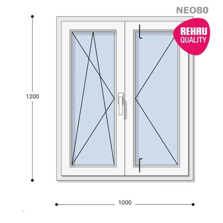 100x120 Műanyag ablak, Középen Felnyíló, Bukó/Nyíló+Nyíló, Neo80 Rehau