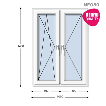 100x140 Műanyag ablak, Kétszárnyú, Bukó/Nyíló+Nyíló, Neo80 Rehau