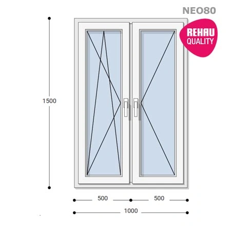 100x150 Műanyag ablak, Kétszárnyú, Bukó/Nyíló+Nyíló, Neo80 Rehau
