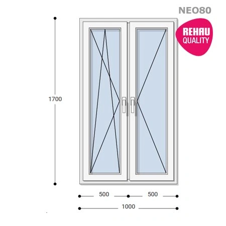 100x170 Műanyag ablak, Kétszárnyú, Bukó/Nyíló+Nyíló, Neo80 Rehau