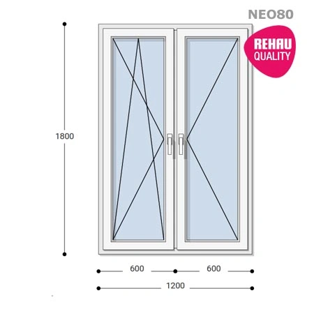 120x180 Műanyag ablak, Kétszárnyú, Bukó/Nyíló+Nyíló, Neo80 Rehau