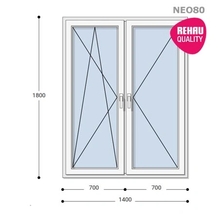 140x180 Műanyag ablak, Kétszárnyú, Bukó/Nyíló+Nyíló, Neo80 Rehau