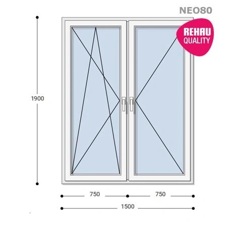 150x190 Műanyag ablak, Kétszárnyú, Bukó/Nyíló+Nyíló, Neo80 Rehau