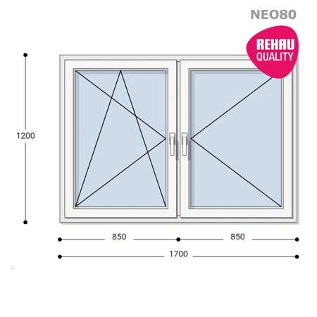 170x120 Műanyag ablak, Kétszárnyú, Bukó/Nyíló+Nyíló, Neo80 Rehau