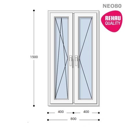 80x150 Műanyag ablak, Kétszárnyú, Bukó/Nyíló+Nyíló, Neo80 Rehau