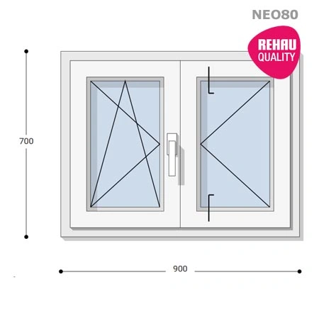 90x70 Műanyag ablak, Középen Felnyíló, Bukó/Nyíló+Nyíló, Neo80 Rehau