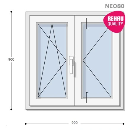 90x90 Műanyag ablak, Középen Felnyíló, Bukó/Nyíló+Nyíló, Neo80 Rehau